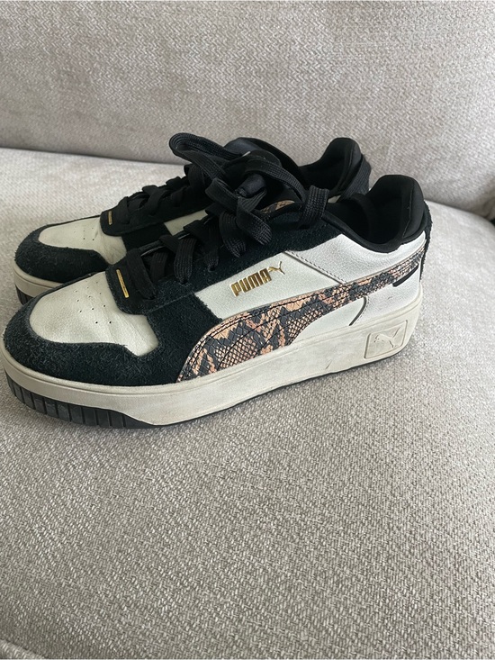 Puma Shoes - Puma Women’s Black and Cream Sneakers with Snake-Print Accent
